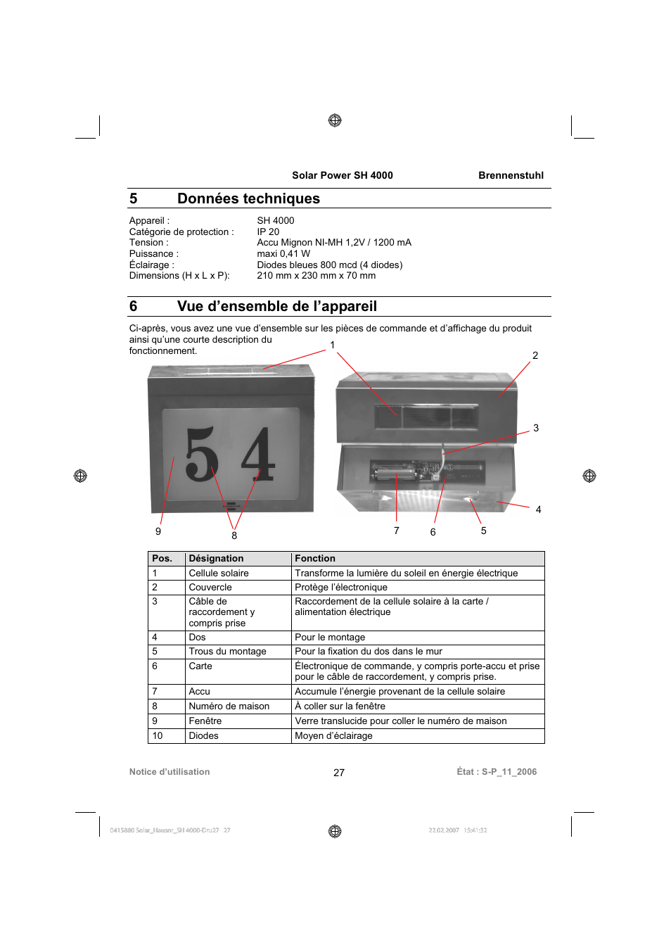 5 données techniques, 6vue d’ensemble de l’appareil | Brennenstuhl Illuminated House Number Solar Power SH 4000 User Manual | Page 27 / 104