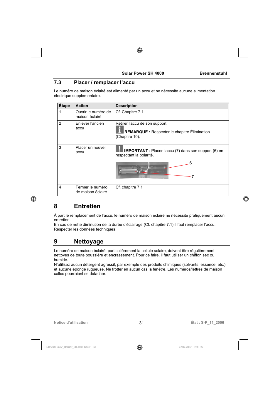 8 entretien, 9 nettoyage, 3 placer / remplacer l’accu | Brennenstuhl Illuminated House Number Solar Power SH 4000 User Manual | Page 31 / 104