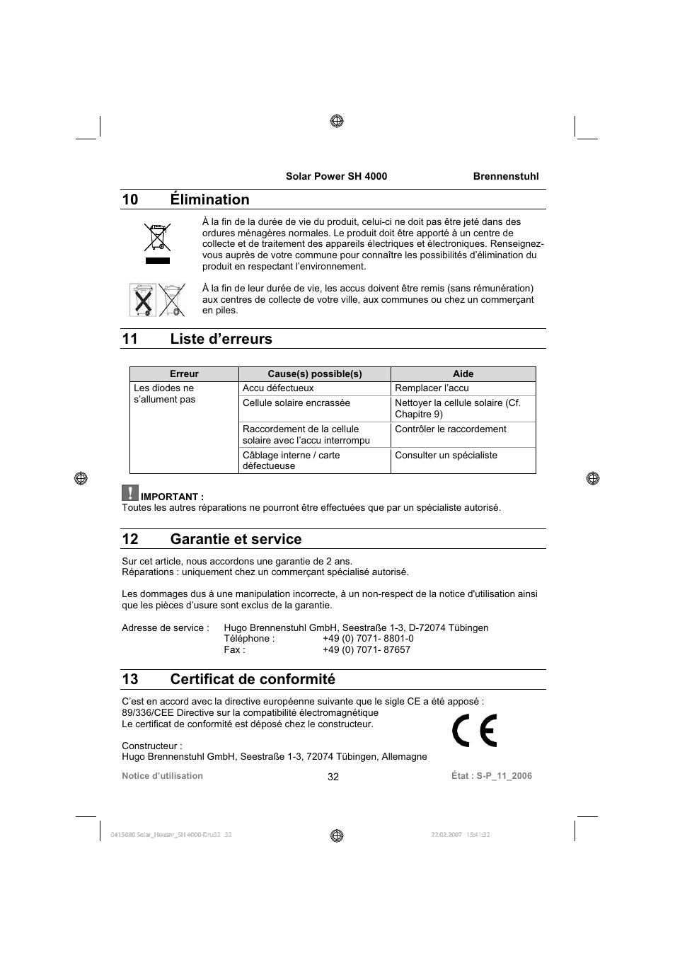 10 élimination, 11 liste d’erreurs, 12 garantie et service | 13 certificat de conformité | Brennenstuhl Illuminated House Number Solar Power SH 4000 User Manual | Page 32 / 104