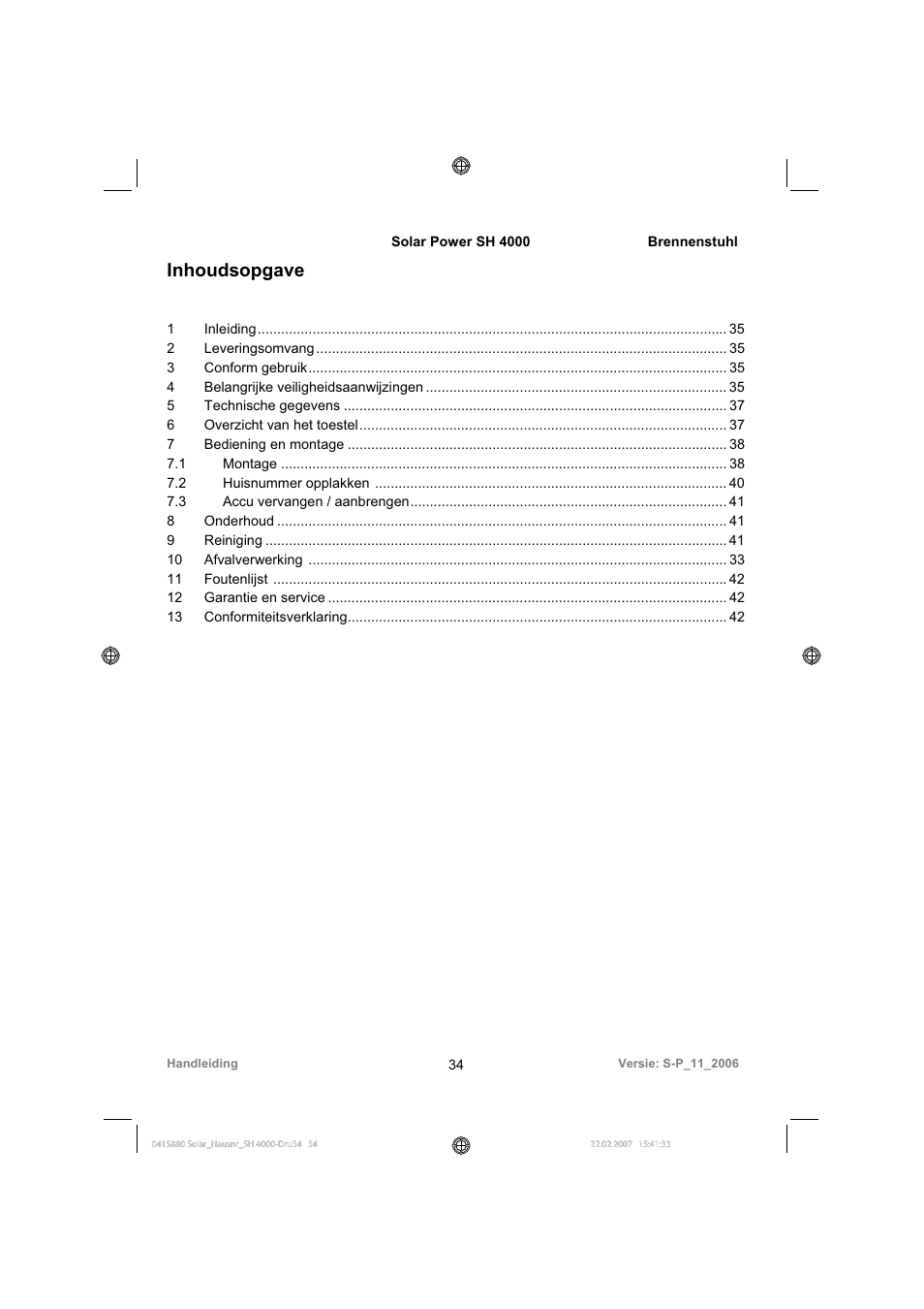 Inhoudsopgave | Brennenstuhl Illuminated House Number Solar Power SH 4000 User Manual | Page 34 / 104