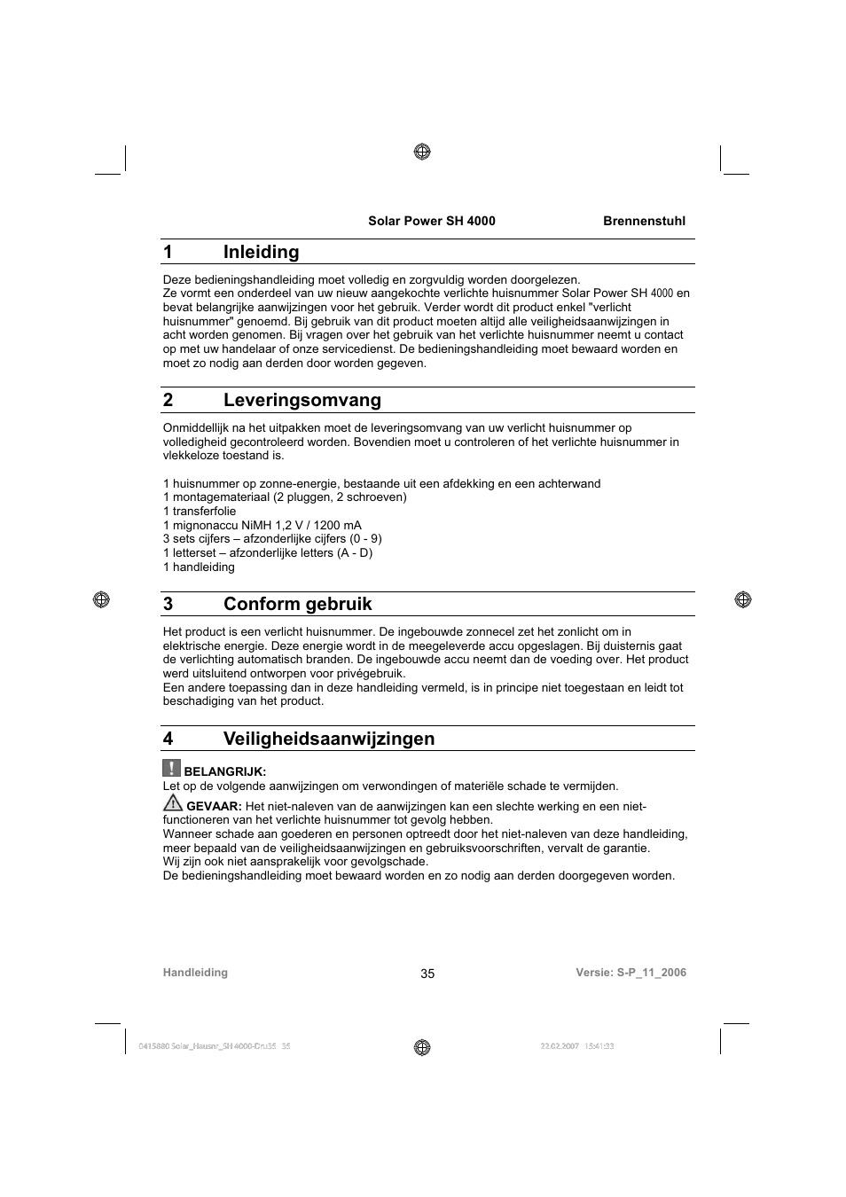 1 inleiding, 2 leveringsomvang, 3 conform gebruik | 4 veiligheidsaanwijzingen | Brennenstuhl Illuminated House Number Solar Power SH 4000 User Manual | Page 35 / 104