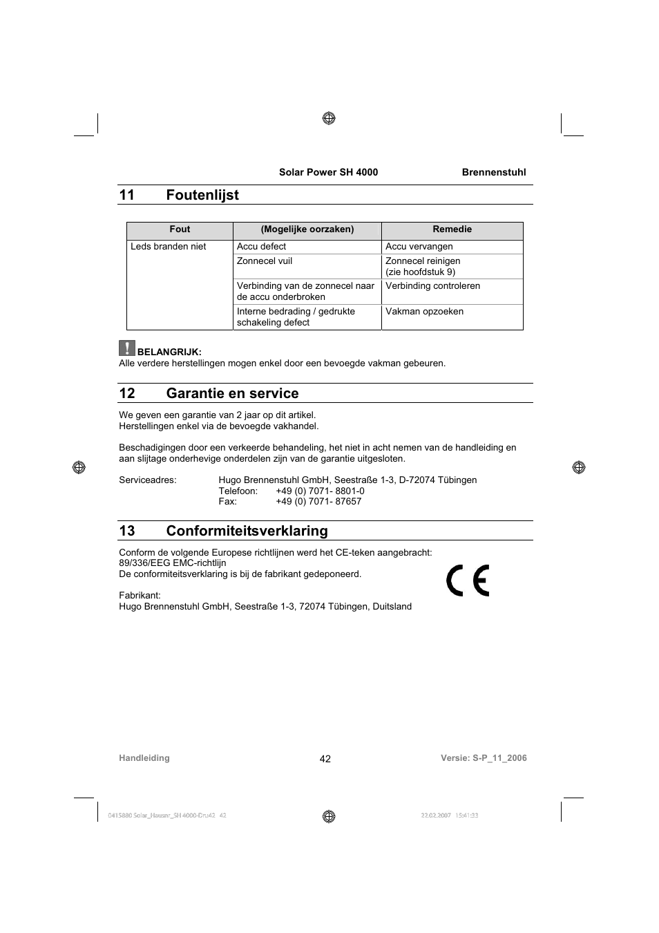 11 foutenlijst, 12 garantie en service, 13 conformiteitsverklaring | Brennenstuhl Illuminated House Number Solar Power SH 4000 User Manual | Page 42 / 104