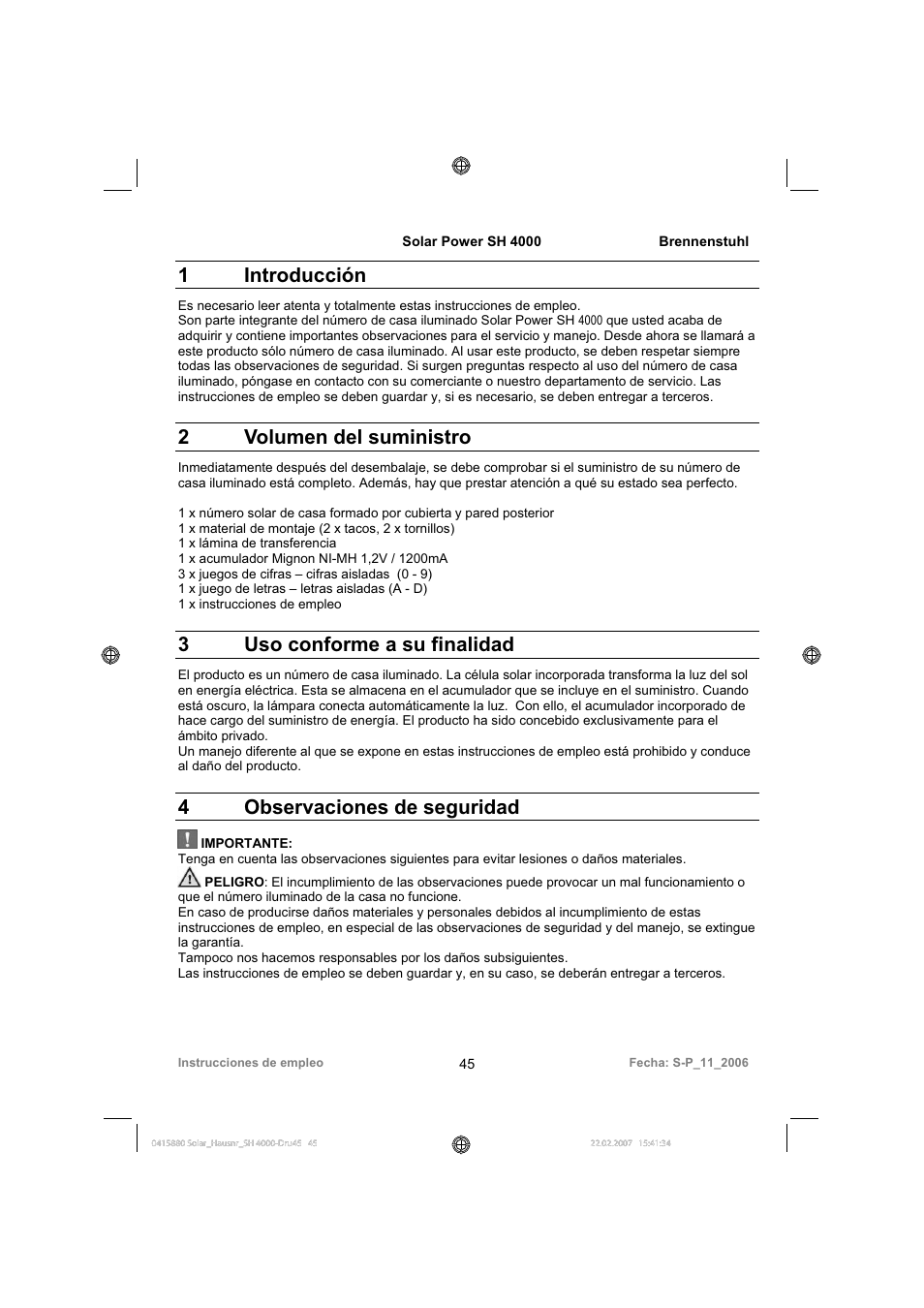 1 introducción, 2 volumen del suministro, 3uso conforme a su finalidad | 4observaciones de seguridad | Brennenstuhl Illuminated House Number Solar Power SH 4000 User Manual | Page 45 / 104
