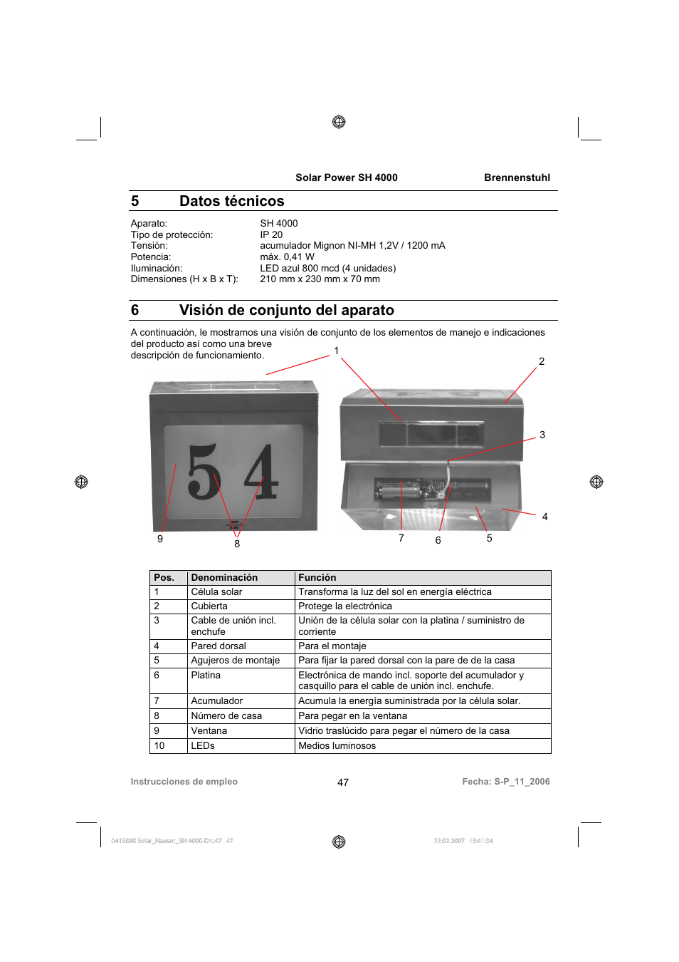5datos técnicos, 6visión de conjunto del aparato | Brennenstuhl Illuminated House Number Solar Power SH 4000 User Manual | Page 47 / 104