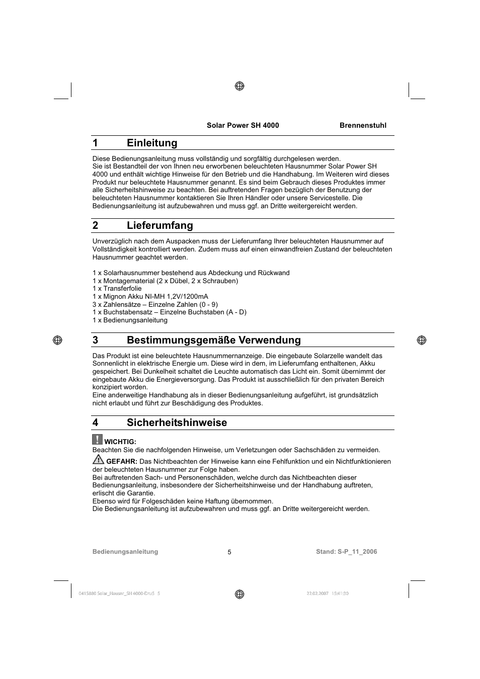 1 einleitung, 2 lieferumfang, 3 bestimmungsgemäße verwendung | 4 sicherheitshinweise | Brennenstuhl Illuminated House Number Solar Power SH 4000 User Manual | Page 5 / 104