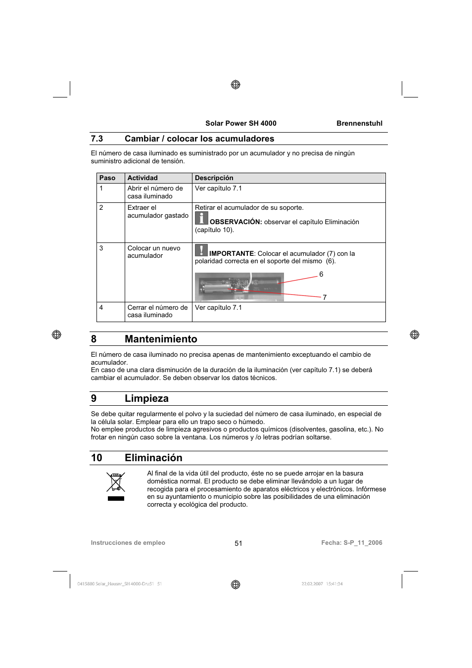 8 mantenimiento, 9 limpieza, 10 eliminación | 3 cambiar / colocar los acumuladores | Brennenstuhl Illuminated House Number Solar Power SH 4000 User Manual | Page 51 / 104