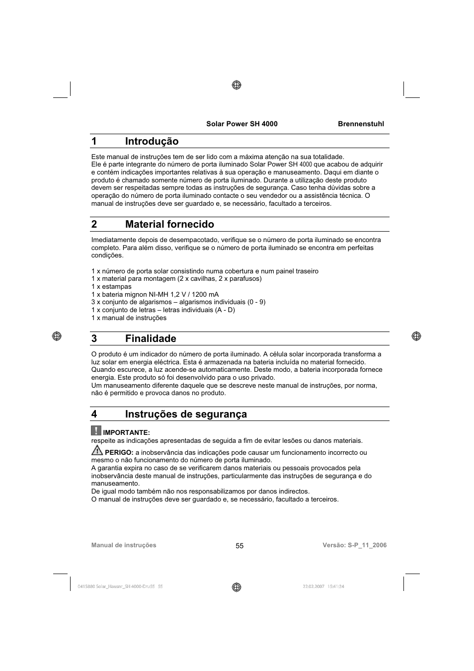 1 introdução, 2 material fornecido, 3 finalidade | 4 instruções de segurança | Brennenstuhl Illuminated House Number Solar Power SH 4000 User Manual | Page 55 / 104
