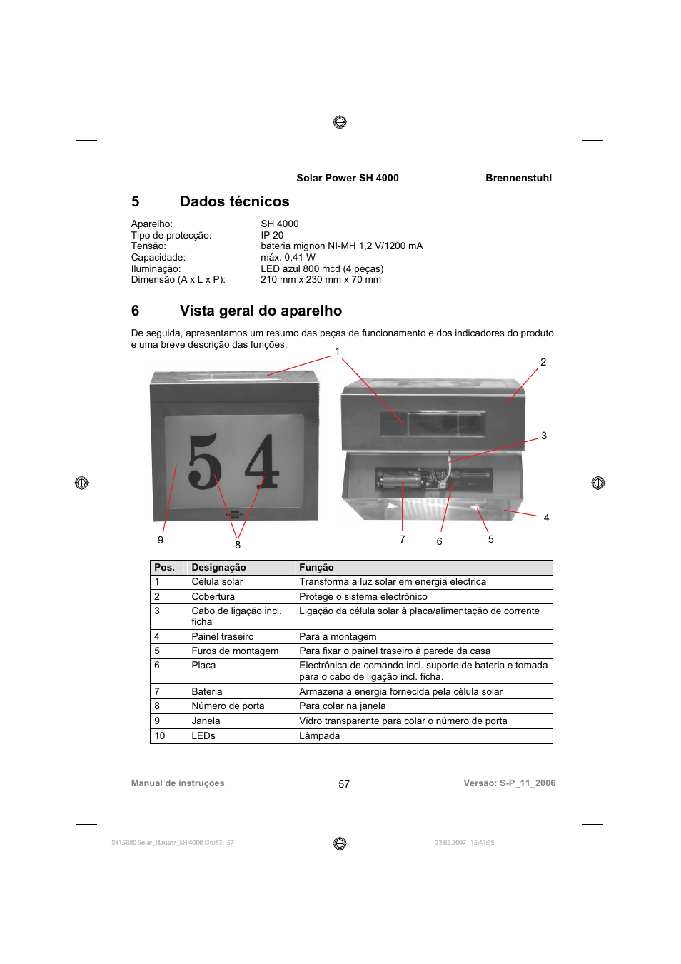 5 dados técnicos, 6vista geral do aparelho | Brennenstuhl Illuminated House Number Solar Power SH 4000 User Manual | Page 57 / 104
