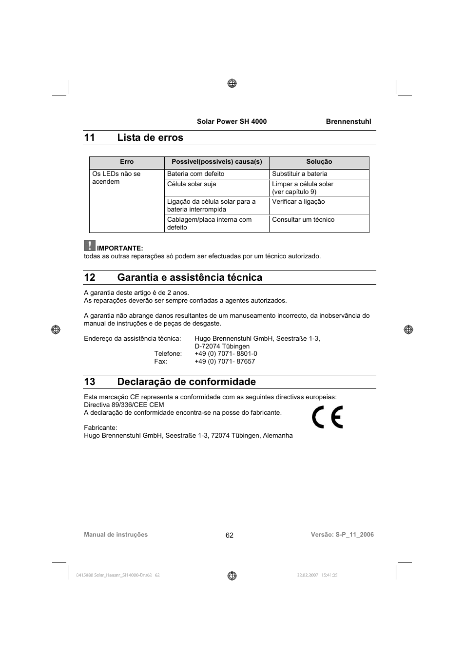 11 lista de erros, 12 garantia e assistência técnica, 13 declaração de conformidade | Brennenstuhl Illuminated House Number Solar Power SH 4000 User Manual | Page 62 / 104