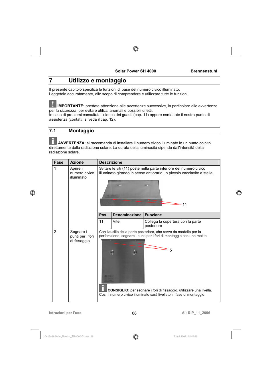 7 utilizzo e montaggio, 1 montaggio | Brennenstuhl Illuminated House Number Solar Power SH 4000 User Manual | Page 68 / 104