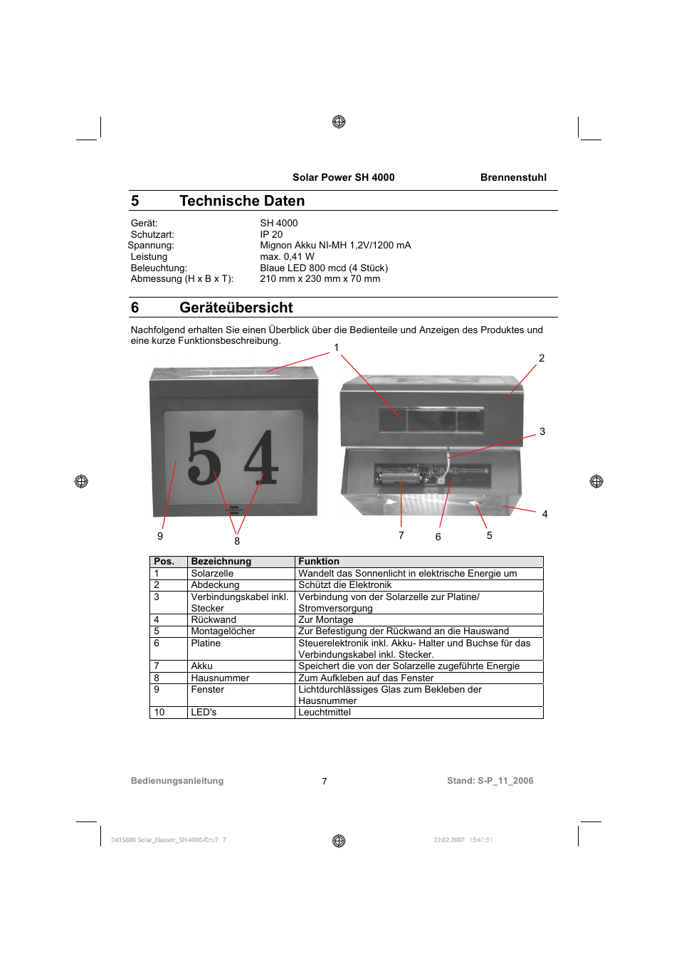 5technische daten, 6 geräteübersicht | Brennenstuhl Illuminated House Number Solar Power SH 4000 User Manual | Page 7 / 104