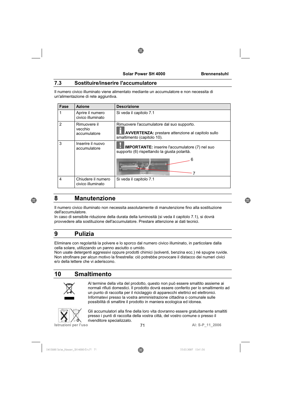 8 manutenzione, 9 pulizia, 10 smaltimento | Brennenstuhl Illuminated House Number Solar Power SH 4000 User Manual | Page 71 / 104