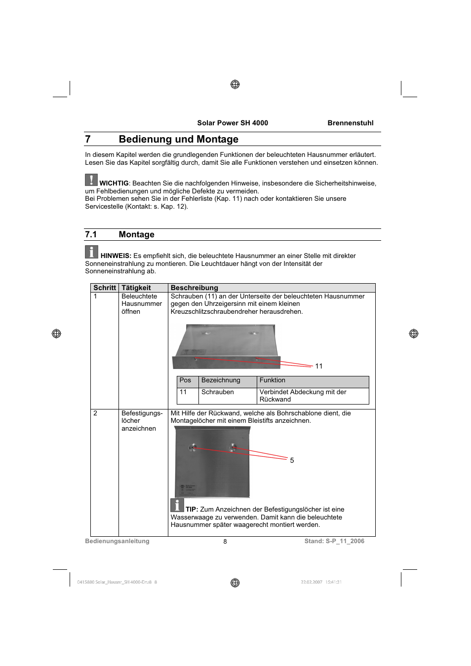 7 bedienung und montage, 1 montage | Brennenstuhl Illuminated House Number Solar Power SH 4000 User Manual | Page 8 / 104