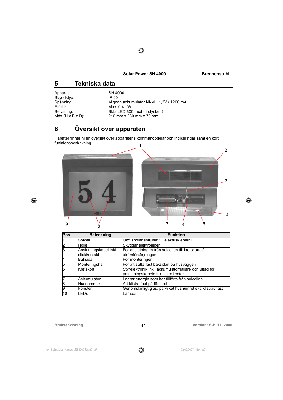 5 tekniska data, 6 översikt över apparaten | Brennenstuhl Illuminated House Number Solar Power SH 4000 User Manual | Page 87 / 104
