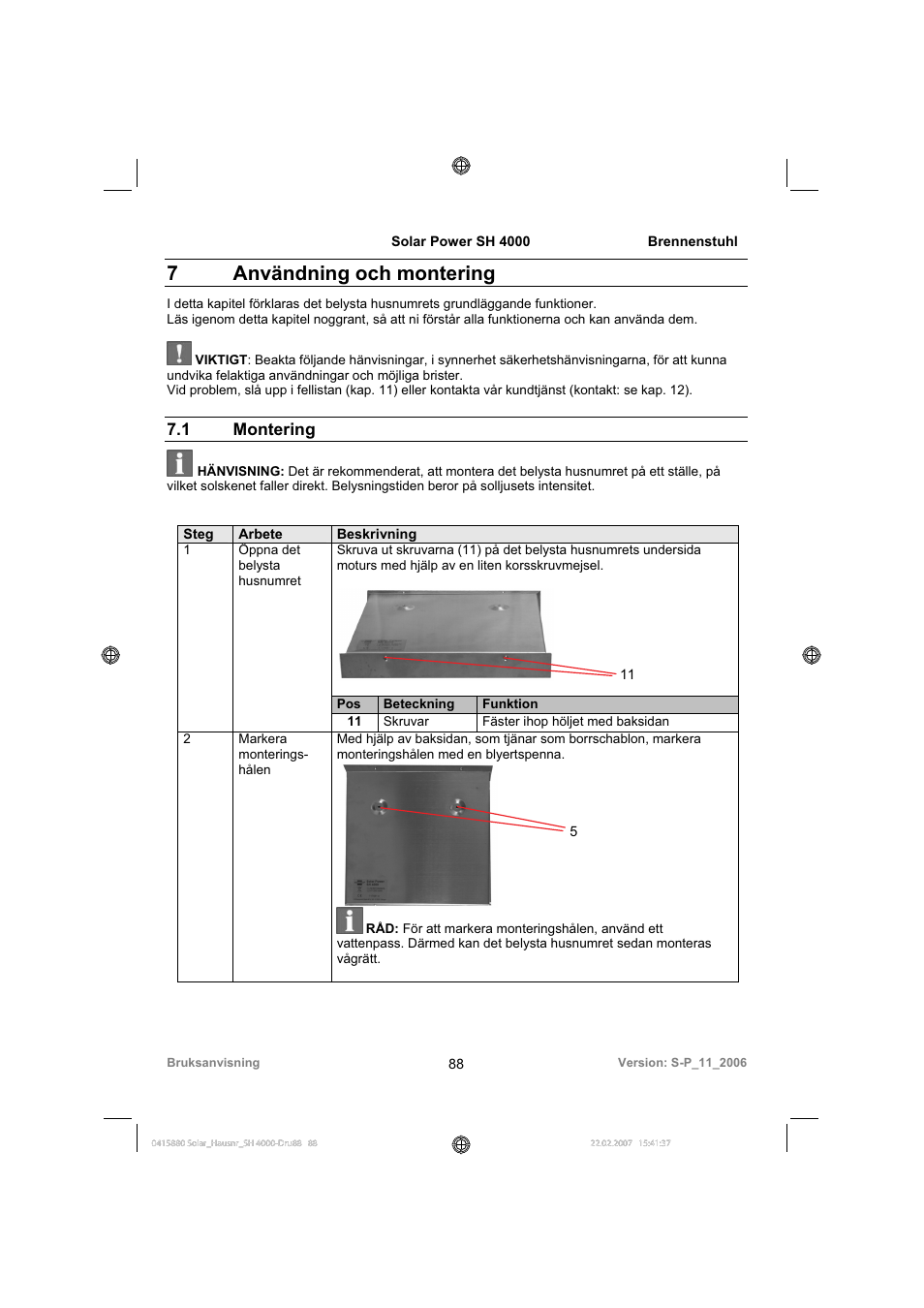 7 användning och montering, 1 montering | Brennenstuhl Illuminated House Number Solar Power SH 4000 User Manual | Page 88 / 104