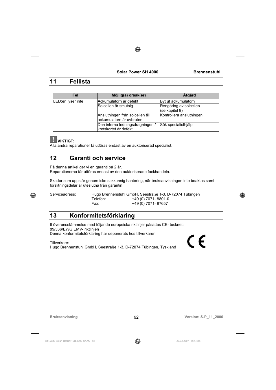 11 fellista, 12 garanti och service, 13 konformitetsförklaring | Brennenstuhl Illuminated House Number Solar Power SH 4000 User Manual | Page 92 / 104