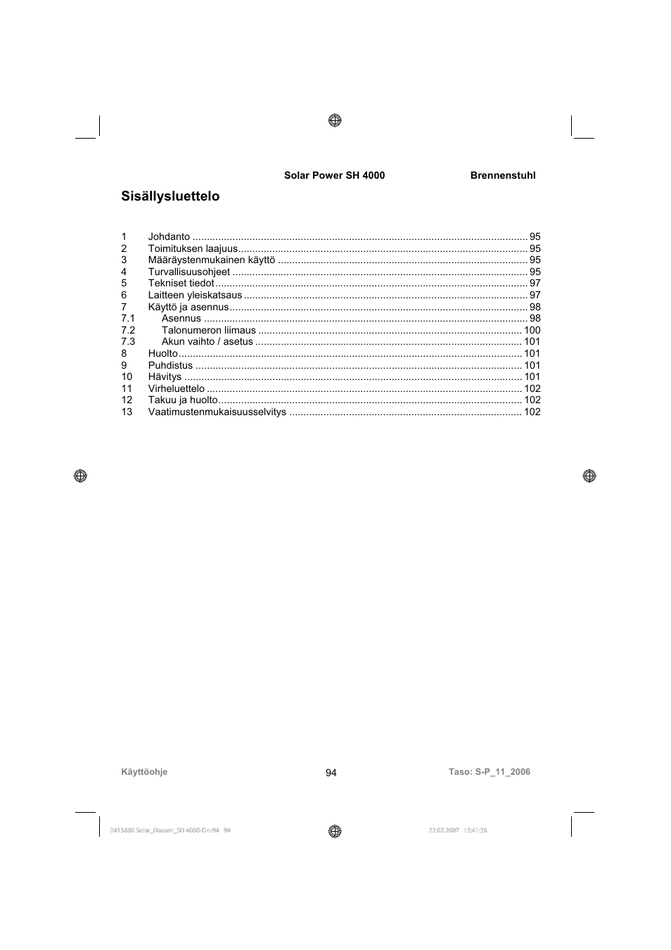 Sisällysluettelo | Brennenstuhl Illuminated House Number Solar Power SH 4000 User Manual | Page 94 / 104