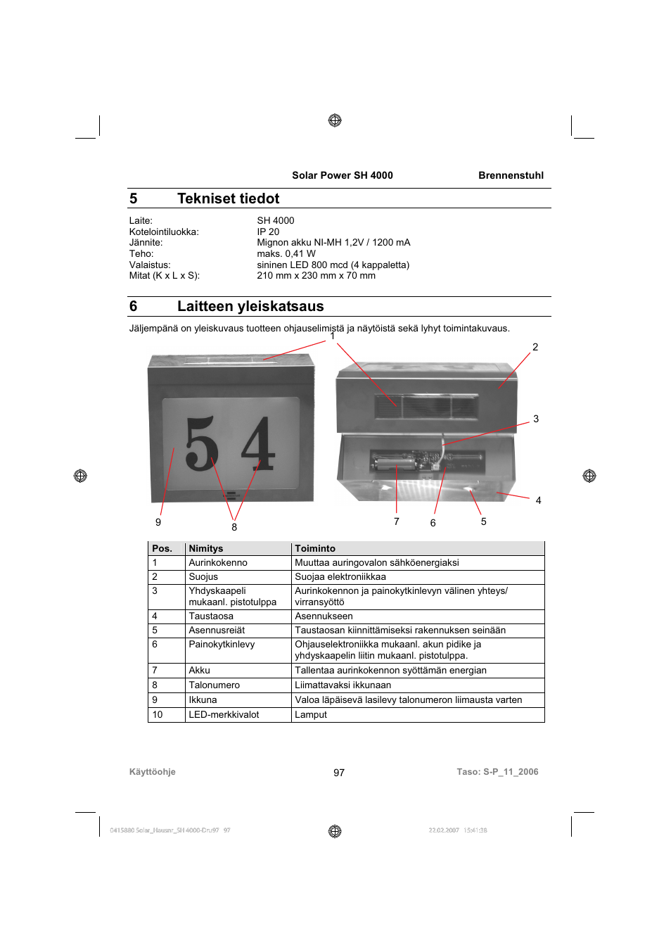 5tekniset tiedot, 6 laitteen yleiskatsaus | Brennenstuhl Illuminated House Number Solar Power SH 4000 User Manual | Page 97 / 104