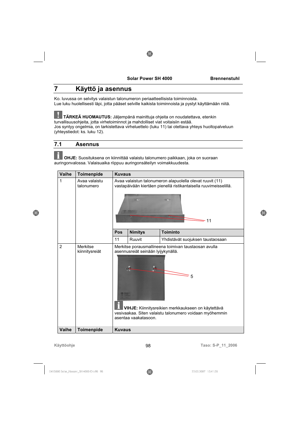 7käyttö ja asennus, 1 asennus | Brennenstuhl Illuminated House Number Solar Power SH 4000 User Manual | Page 98 / 104