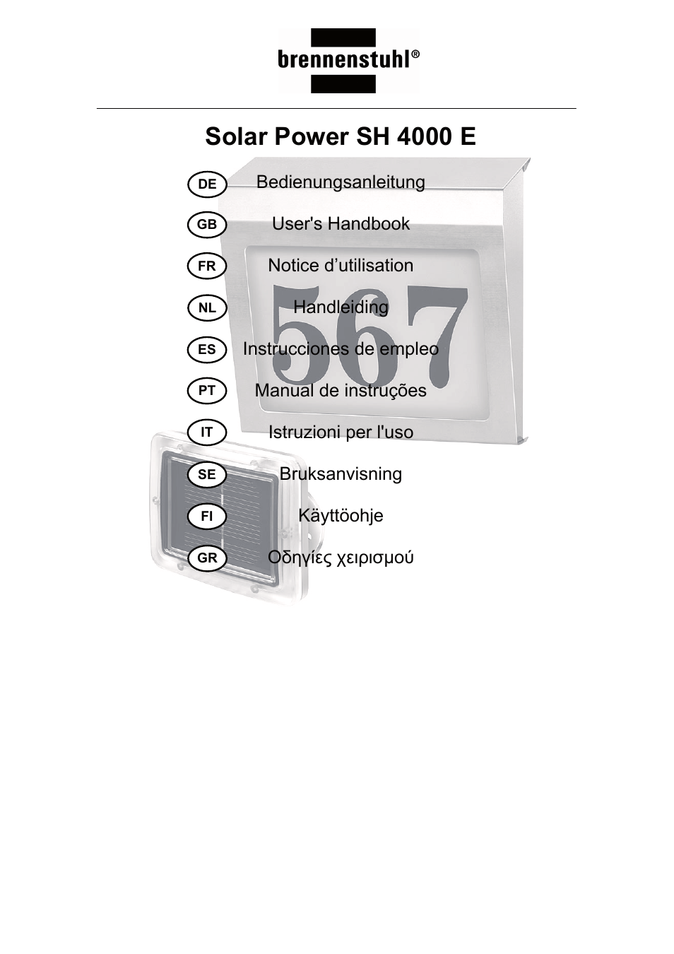 Brennenstuhl Illuminated House Number Solar Power SH 4000 E with external solar panel User Manual | 92 pages