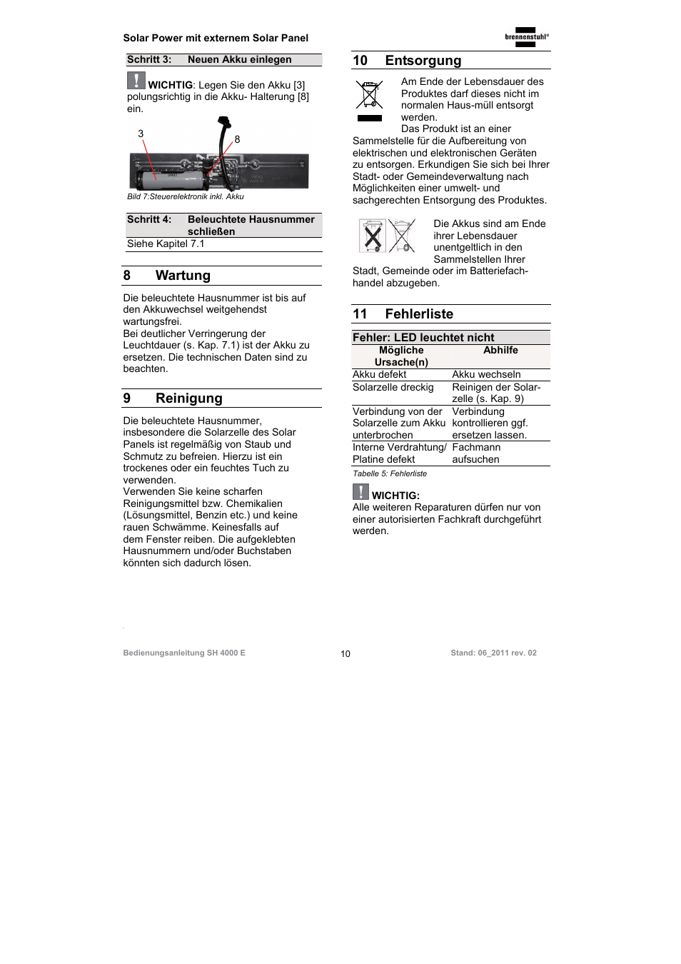 8 wartung, 9 reinigung, 10 entsorgung | 11 fehlerliste | Brennenstuhl Illuminated House Number Solar Power SH 4000 E with external solar panel User Manual | Page 10 / 92