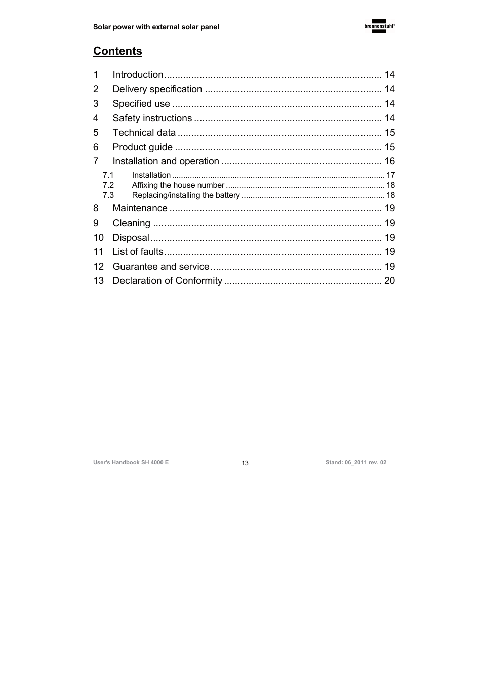 Brennenstuhl Illuminated House Number Solar Power SH 4000 E with external solar panel User Manual | Page 13 / 92