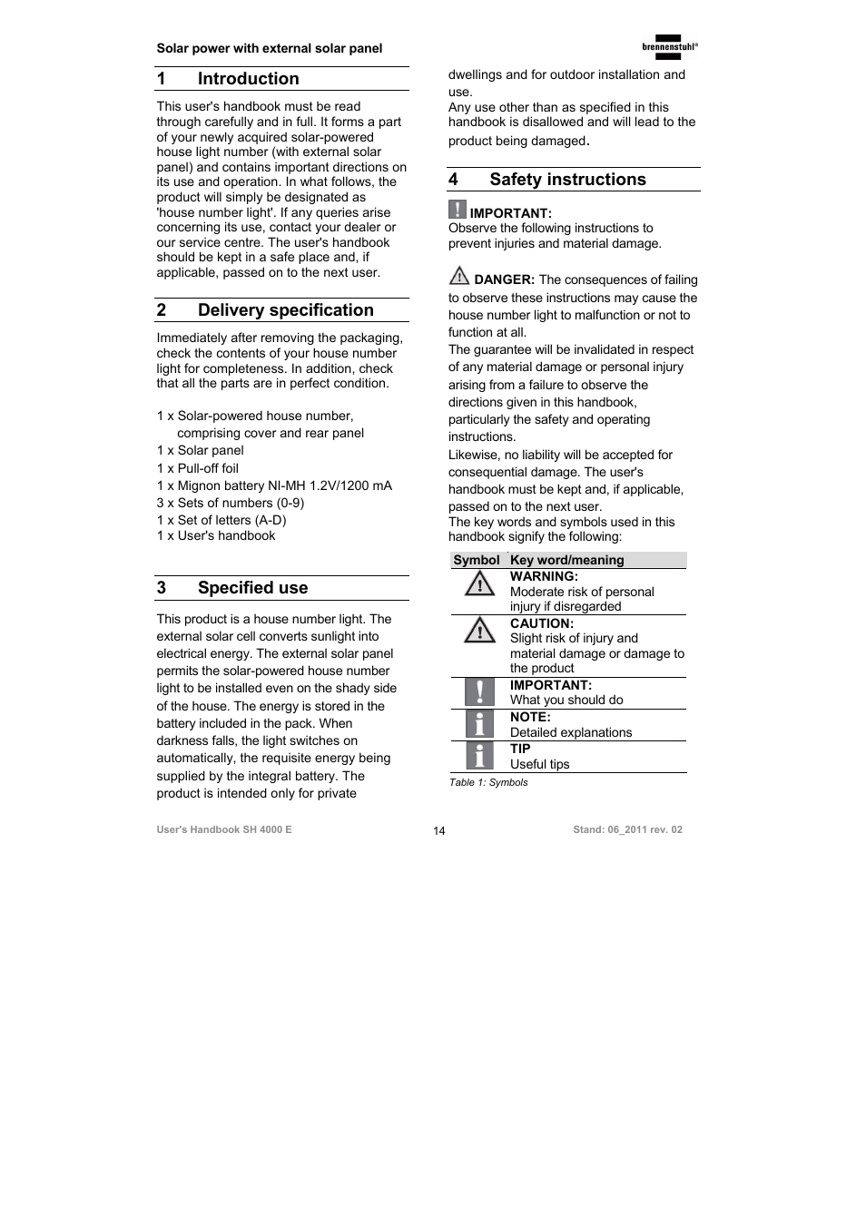 1 introduction, 2 delivery specification, 3 specified use | 4 safety instructions | Brennenstuhl Illuminated House Number Solar Power SH 4000 E with external solar panel User Manual | Page 14 / 92