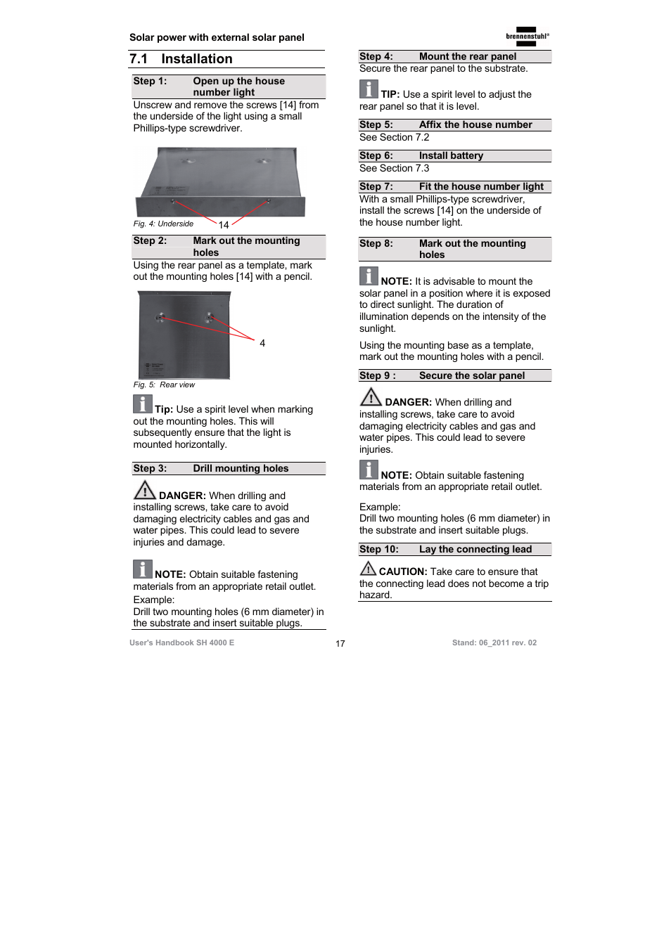 1 installation | Brennenstuhl Illuminated House Number Solar Power SH 4000 E with external solar panel User Manual | Page 17 / 92