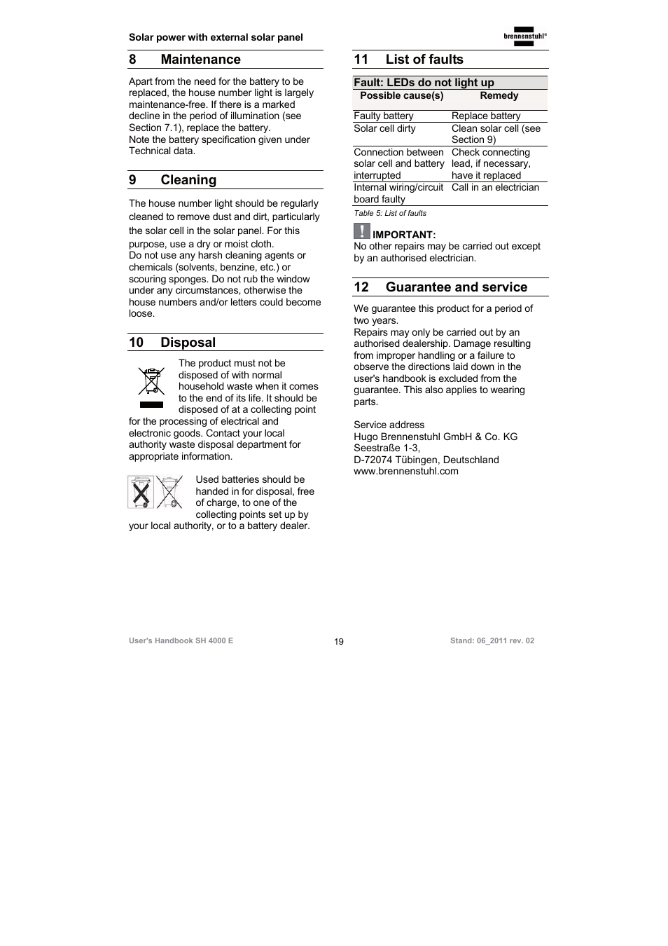 8 maintenance, 9 cleaning, 10 disposal | 11 list of faults, 12 guarantee and service | Brennenstuhl Illuminated House Number Solar Power SH 4000 E with external solar panel User Manual | Page 19 / 92