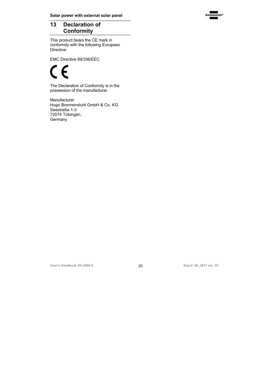 13 declaration of conformity | Brennenstuhl Illuminated House Number Solar Power SH 4000 E with external solar panel User Manual | Page 20 / 92