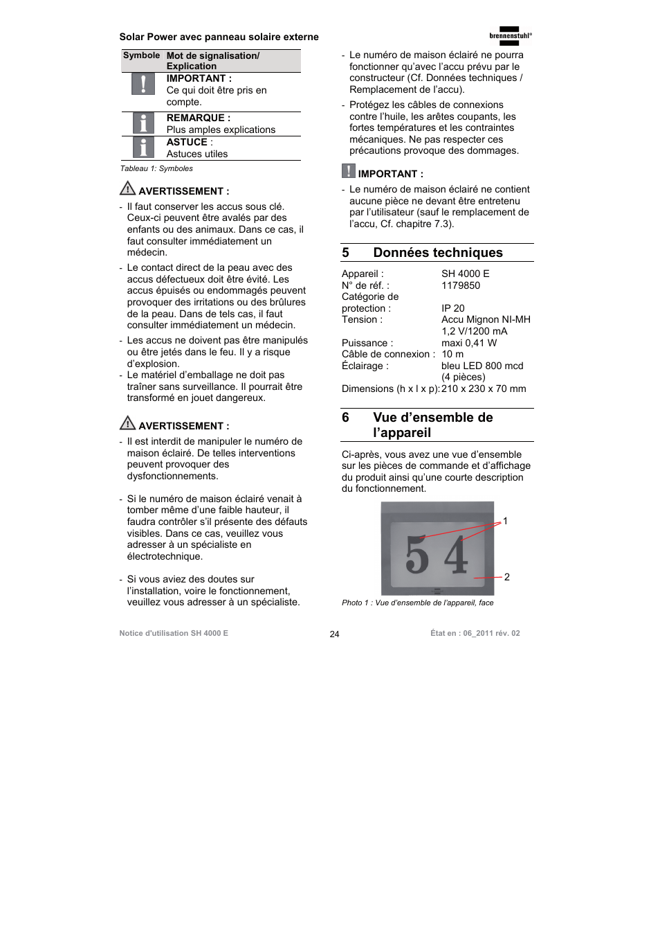 5 données techniques, 6vue d’ensemble de l’appareil | Brennenstuhl Illuminated House Number Solar Power SH 4000 E with external solar panel User Manual | Page 24 / 92