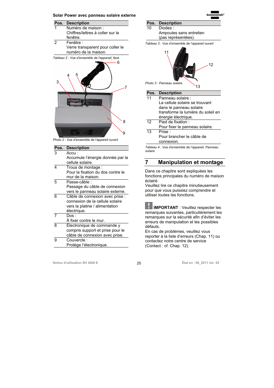 7manipulation et montage | Brennenstuhl Illuminated House Number Solar Power SH 4000 E with external solar panel User Manual | Page 25 / 92