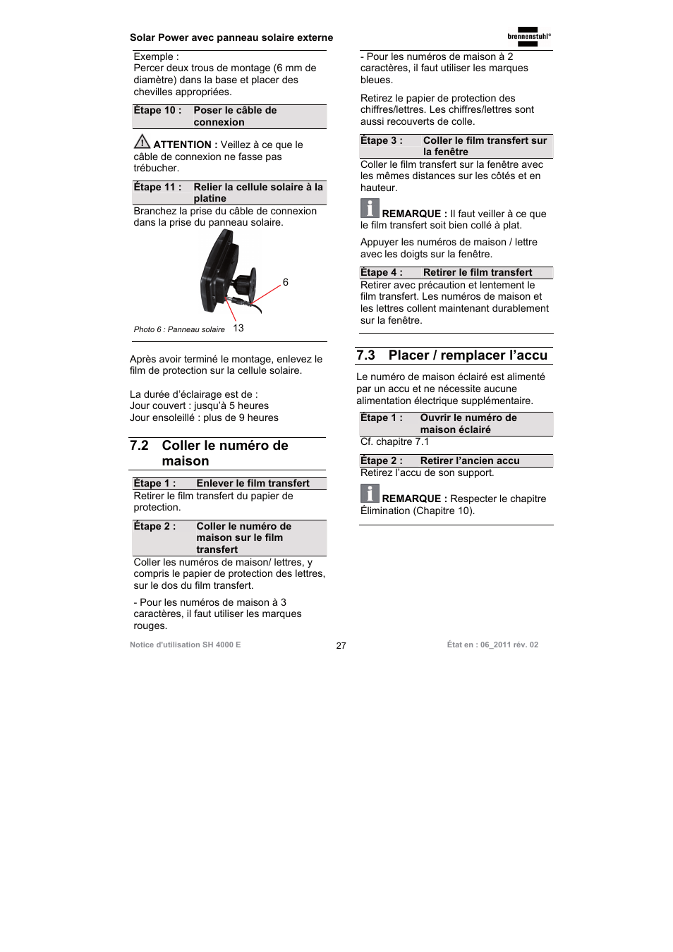 2 coller le numéro de maison, 3 placer / remplacer l’accu | Brennenstuhl Illuminated House Number Solar Power SH 4000 E with external solar panel User Manual | Page 27 / 92