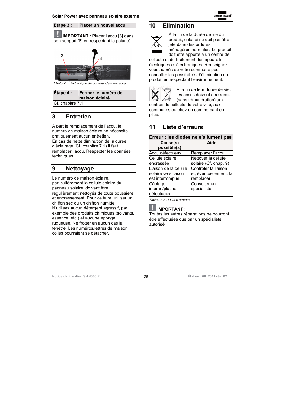 8 entretien, 9 nettoyage, 10 élimination | 11 liste d’erreurs | Brennenstuhl Illuminated House Number Solar Power SH 4000 E with external solar panel User Manual | Page 28 / 92