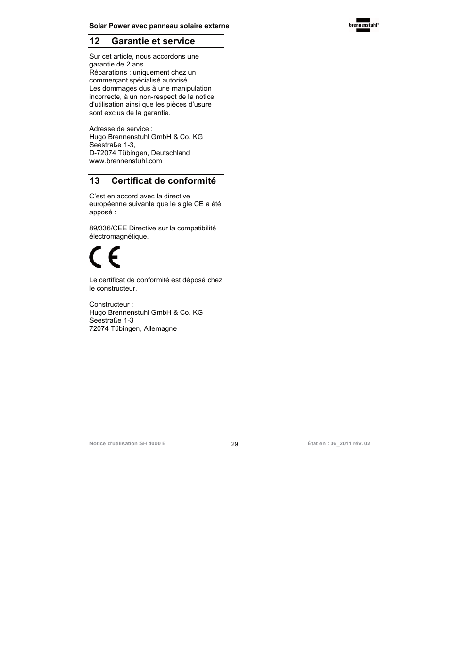 12 garantie et service, 13 certificat de conformité | Brennenstuhl Illuminated House Number Solar Power SH 4000 E with external solar panel User Manual | Page 29 / 92