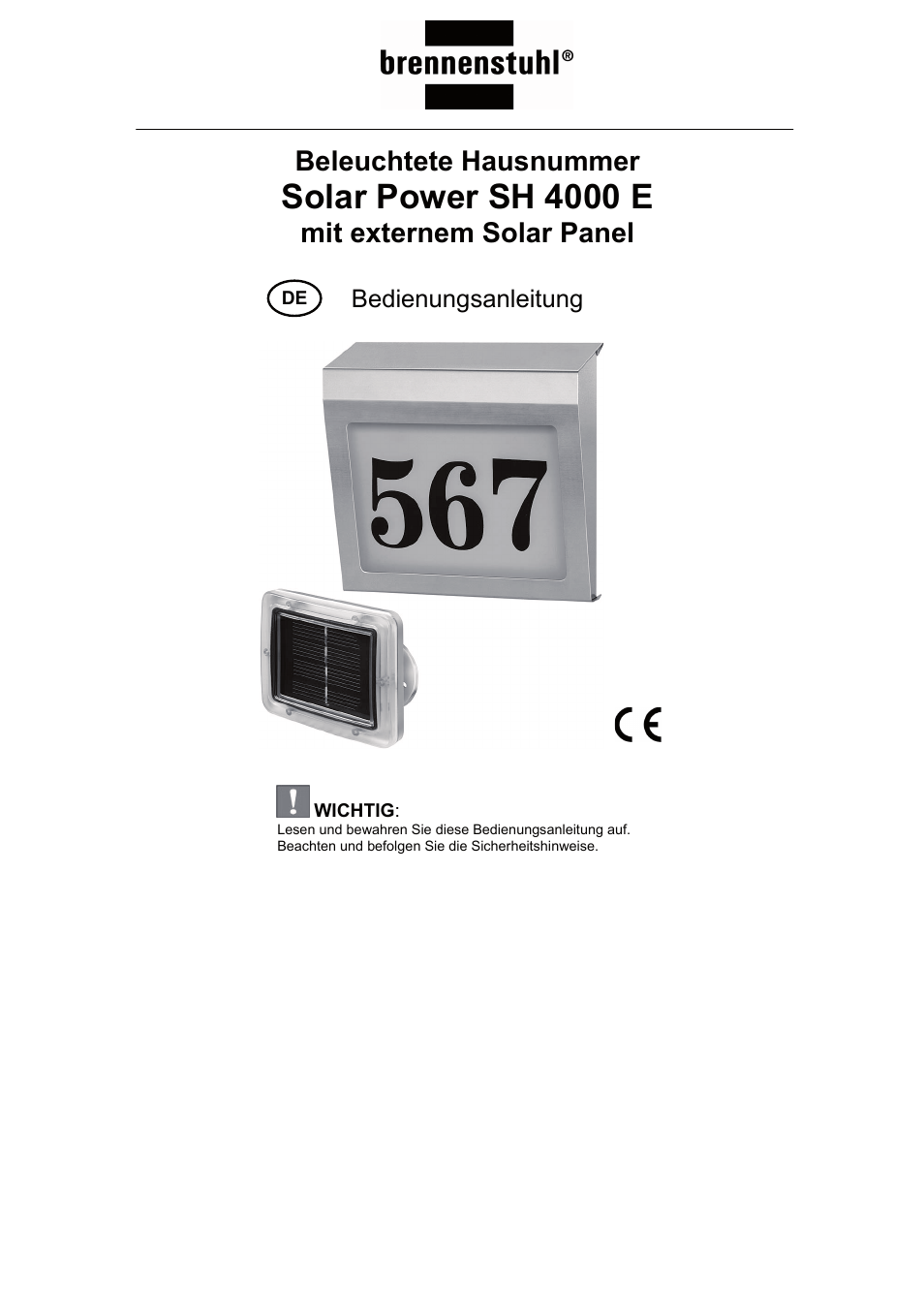 Solar power sh 4000 e, Beleuchtete hausnummer, Mit externem solar panel | Bedienungsanleitung | Brennenstuhl Illuminated House Number Solar Power SH 4000 E with external solar panel User Manual | Page 3 / 92