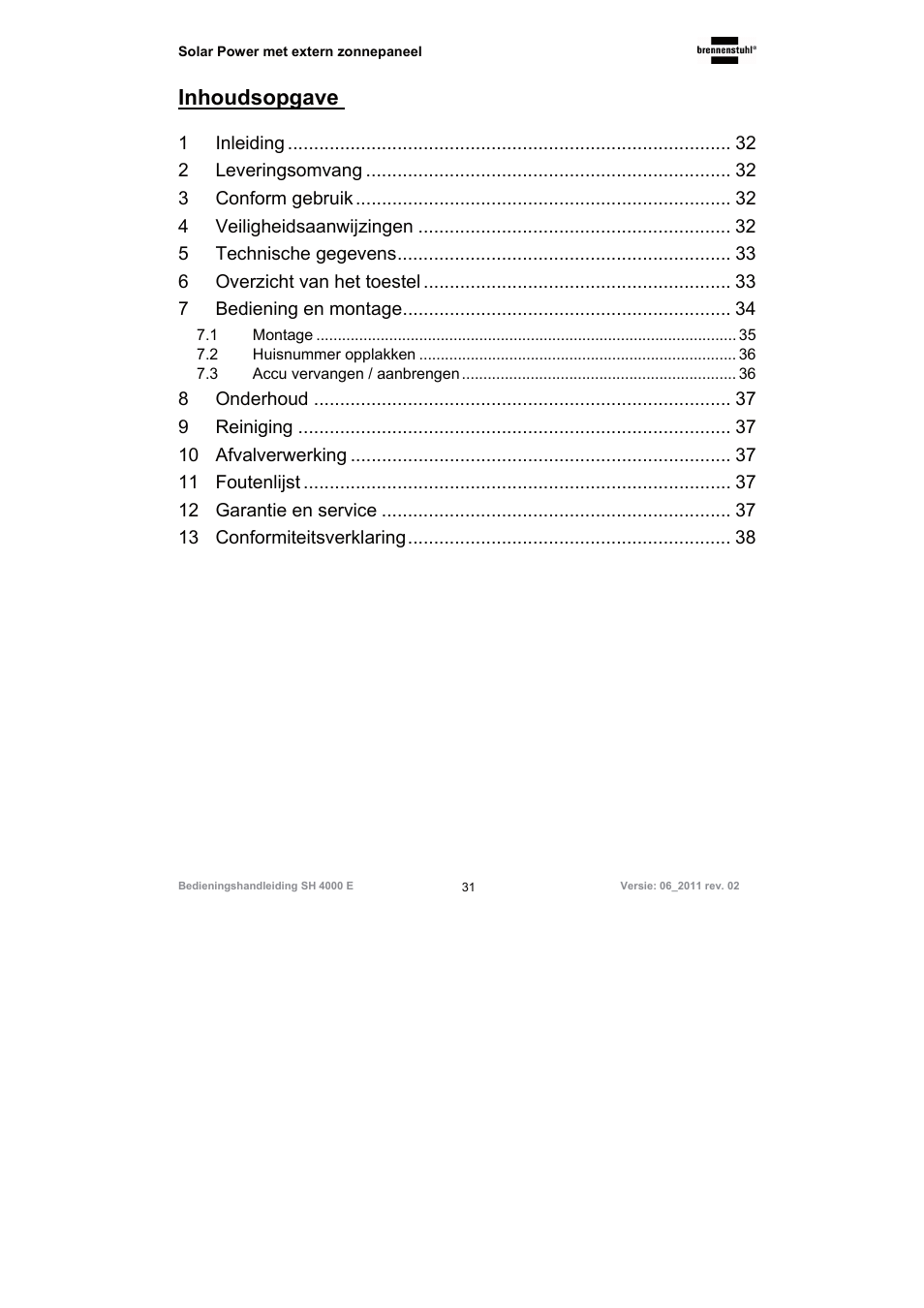 Inhoudsopgave | Brennenstuhl Illuminated House Number Solar Power SH 4000 E with external solar panel User Manual | Page 31 / 92