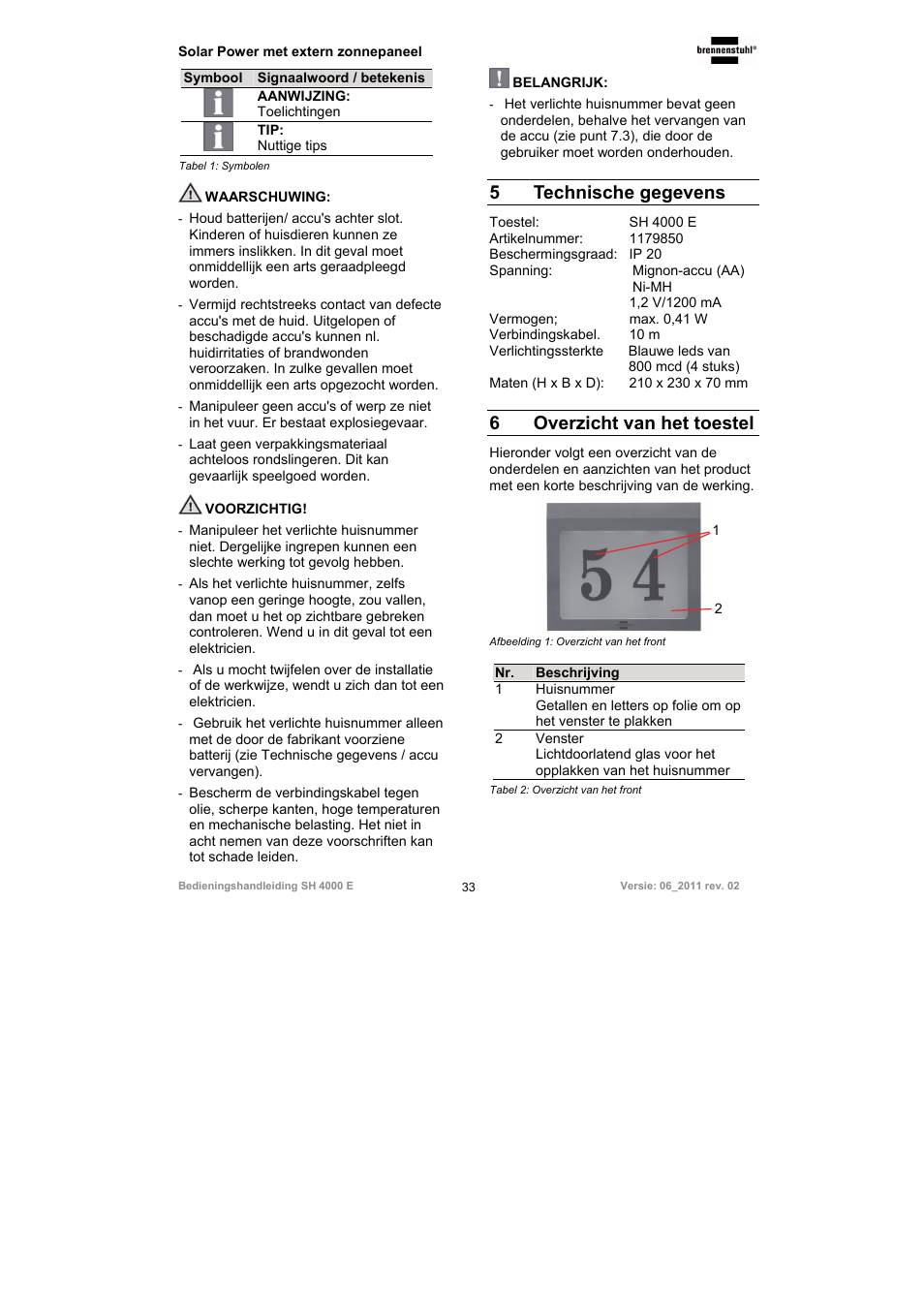 5technische gegevens, 6overzicht van het toestel | Brennenstuhl Illuminated House Number Solar Power SH 4000 E with external solar panel User Manual | Page 33 / 92