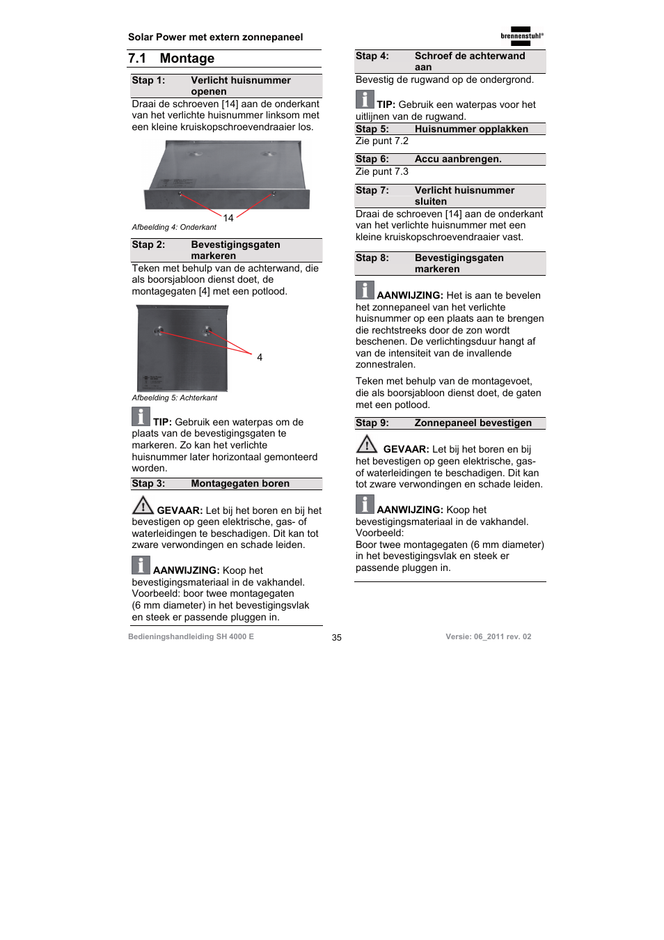 1 montage | Brennenstuhl Illuminated House Number Solar Power SH 4000 E with external solar panel User Manual | Page 35 / 92