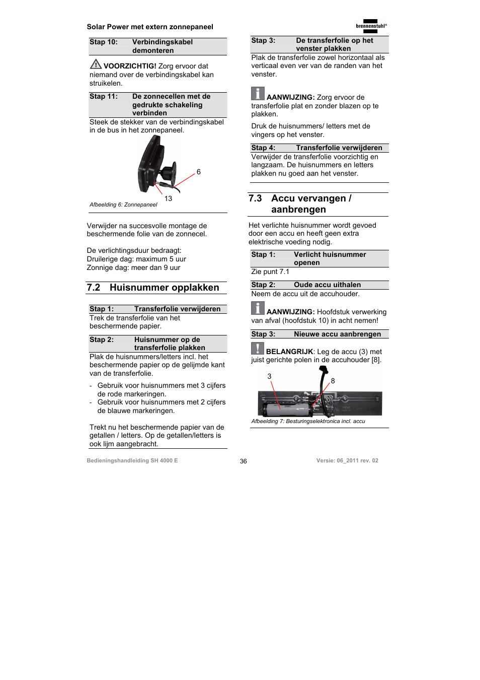 2 huisnummer opplakken, 3 accu vervangen / aanbrengen | Brennenstuhl Illuminated House Number Solar Power SH 4000 E with external solar panel User Manual | Page 36 / 92