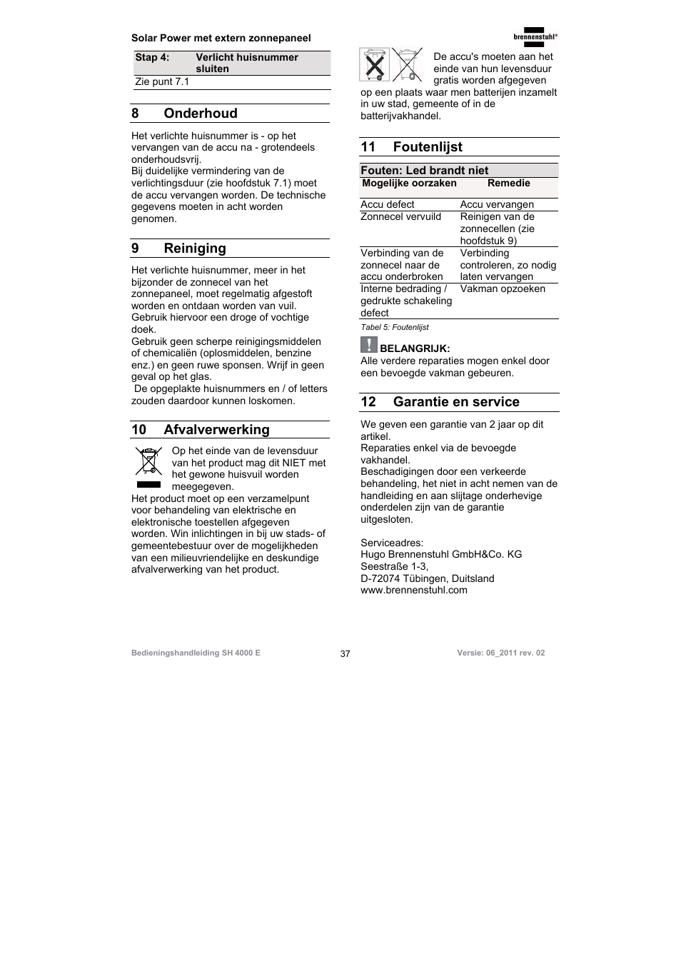 8 onderhoud, 9 reiniging, 10 afvalverwerking | 11 foutenlijst, 12 garantie en service | Brennenstuhl Illuminated House Number Solar Power SH 4000 E with external solar panel User Manual | Page 37 / 92