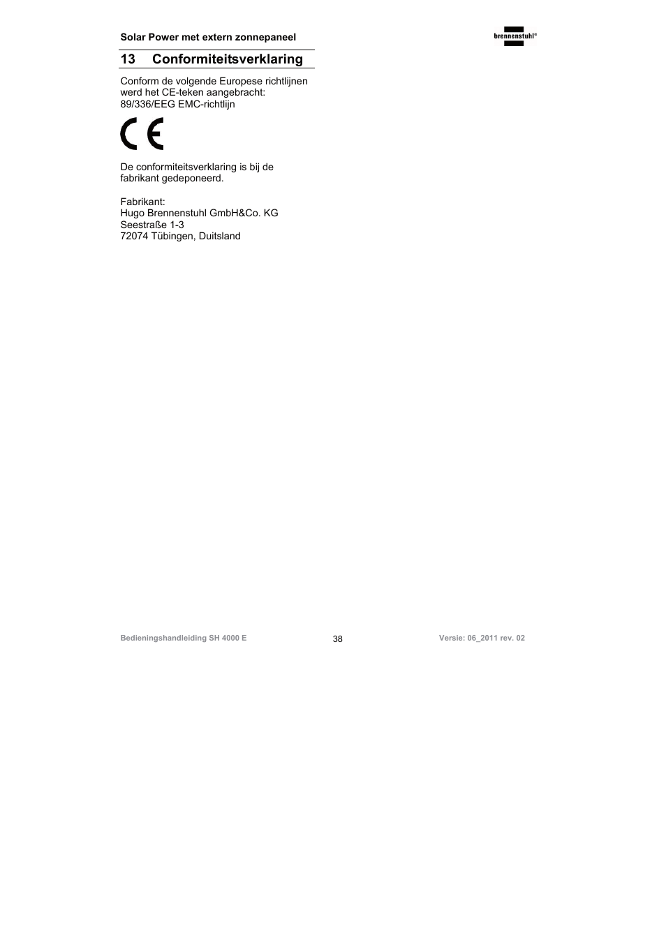 13 conformiteitsverklaring | Brennenstuhl Illuminated House Number Solar Power SH 4000 E with external solar panel User Manual | Page 38 / 92