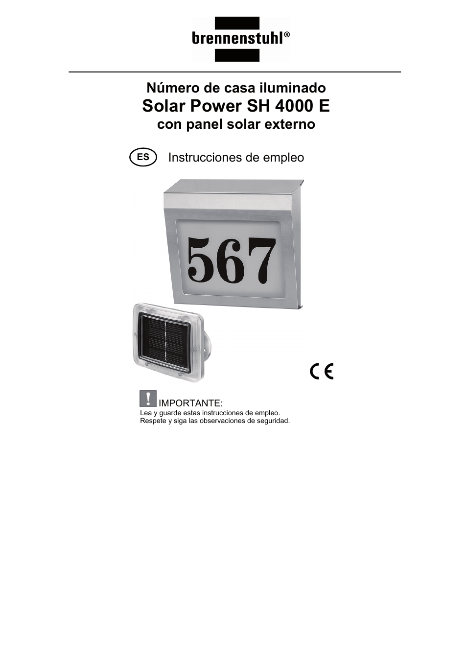 Solar power sh 4000 e, Número de casa iluminado, Con panel solar externo | Instrucciones de empleo | Brennenstuhl Illuminated House Number Solar Power SH 4000 E with external solar panel User Manual | Page 39 / 92