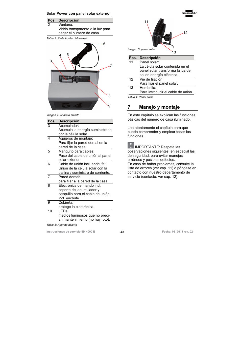7 manejo y montaje | Brennenstuhl Illuminated House Number Solar Power SH 4000 E with external solar panel User Manual | Page 43 / 92