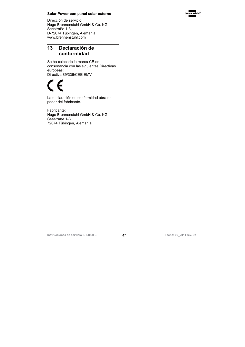 13 declaración de conformidad | Brennenstuhl Illuminated House Number Solar Power SH 4000 E with external solar panel User Manual | Page 47 / 92