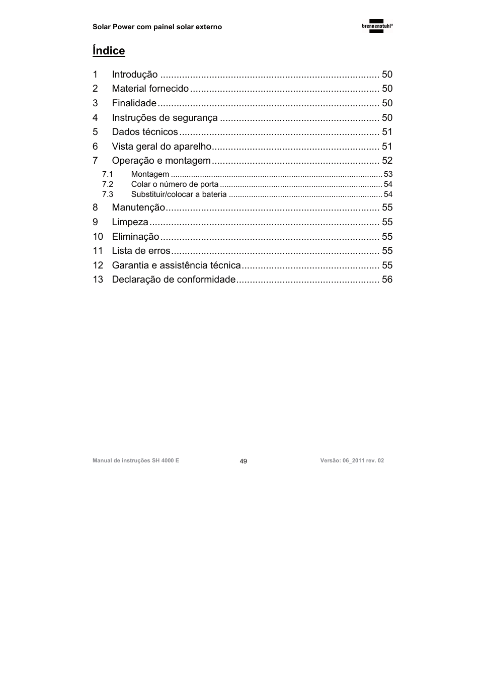 Índice | Brennenstuhl Illuminated House Number Solar Power SH 4000 E with external solar panel User Manual | Page 49 / 92