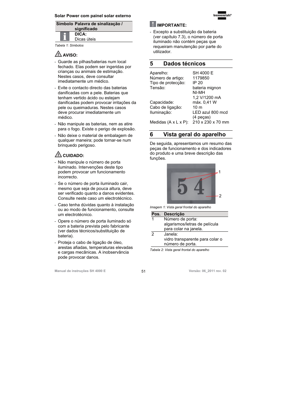 5dados técnicos, 6vista geral do aparelho | Brennenstuhl Illuminated House Number Solar Power SH 4000 E with external solar panel User Manual | Page 51 / 92