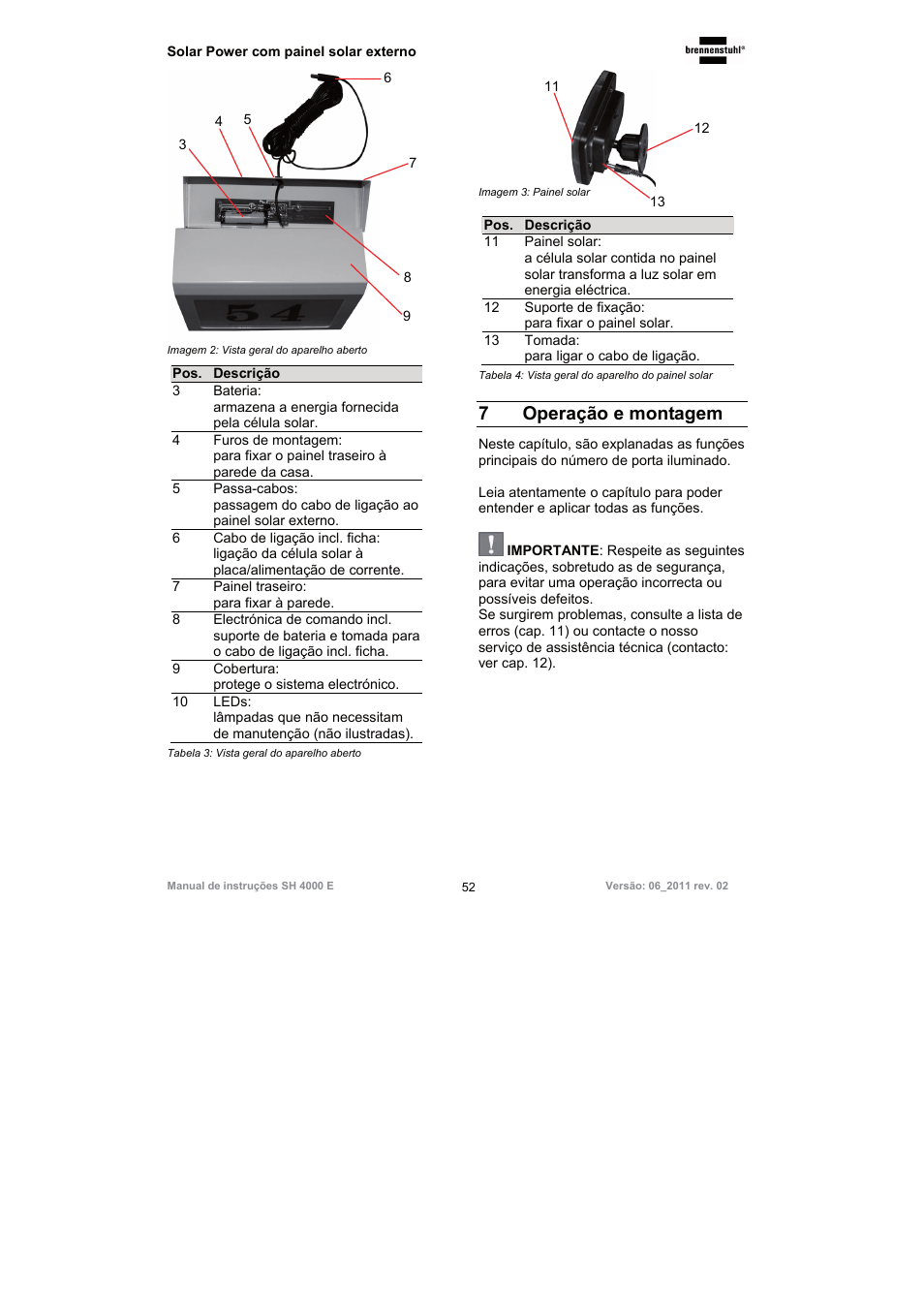 7operação e montagem | Brennenstuhl Illuminated House Number Solar Power SH 4000 E with external solar panel User Manual | Page 52 / 92