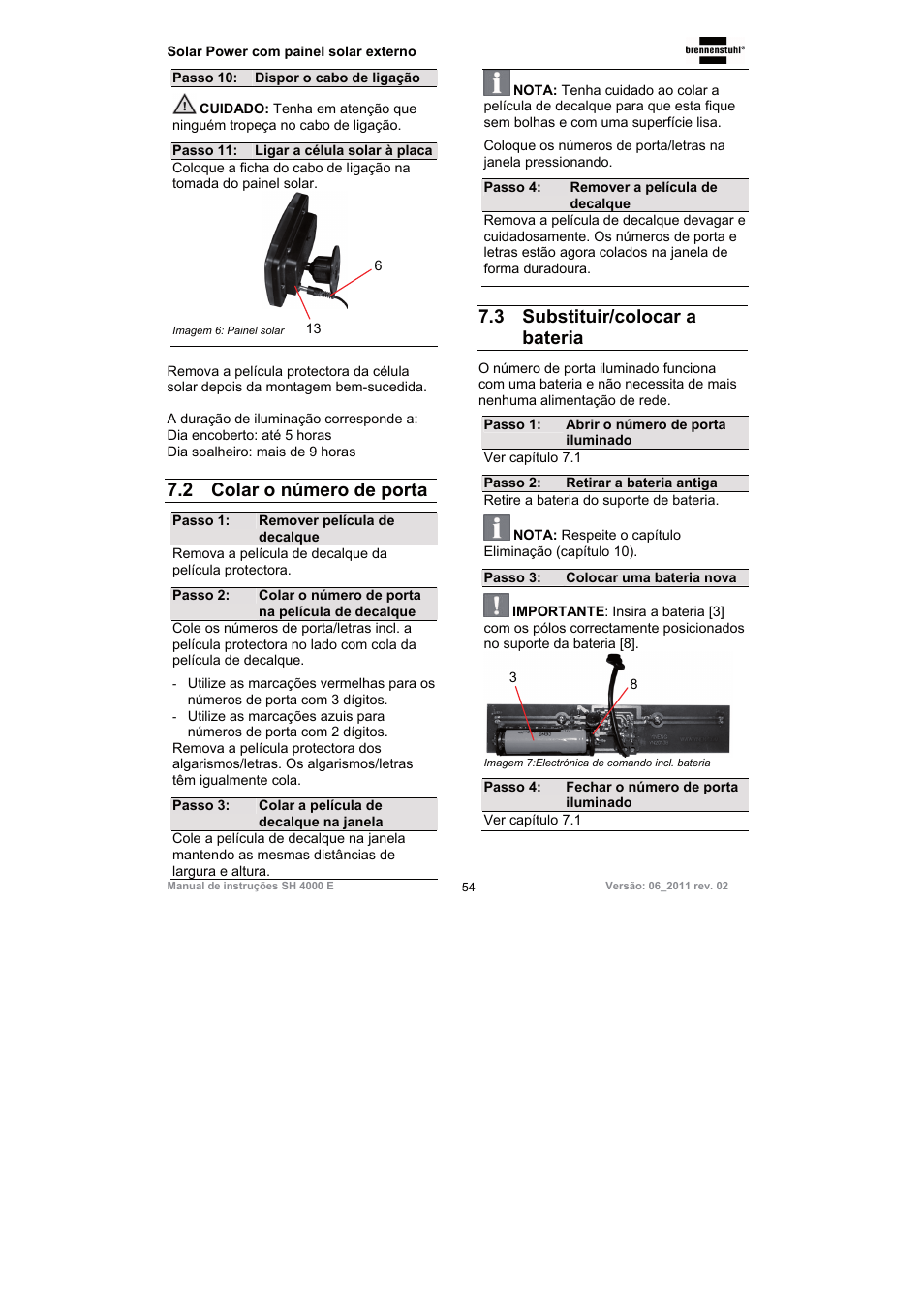 2 colar o número de porta, 3 substituir/colocar a bateria | Brennenstuhl Illuminated House Number Solar Power SH 4000 E with external solar panel User Manual | Page 54 / 92