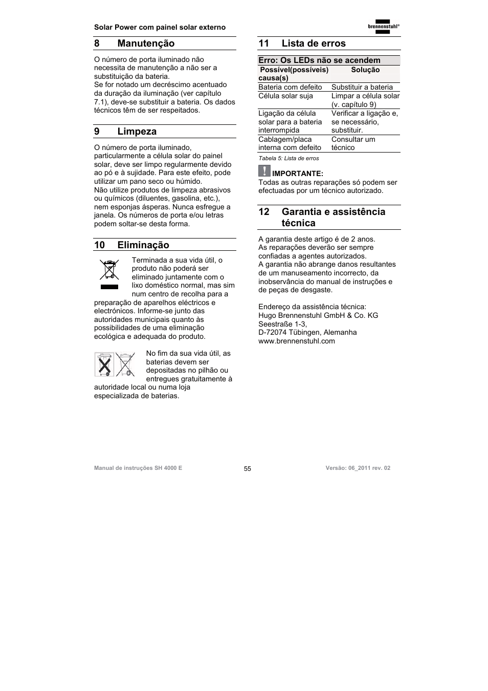 8 manutenção, 9 limpeza, 10 eliminação | 11 lista de erros, 12 garantia e assistência técnica | Brennenstuhl Illuminated House Number Solar Power SH 4000 E with external solar panel User Manual | Page 55 / 92